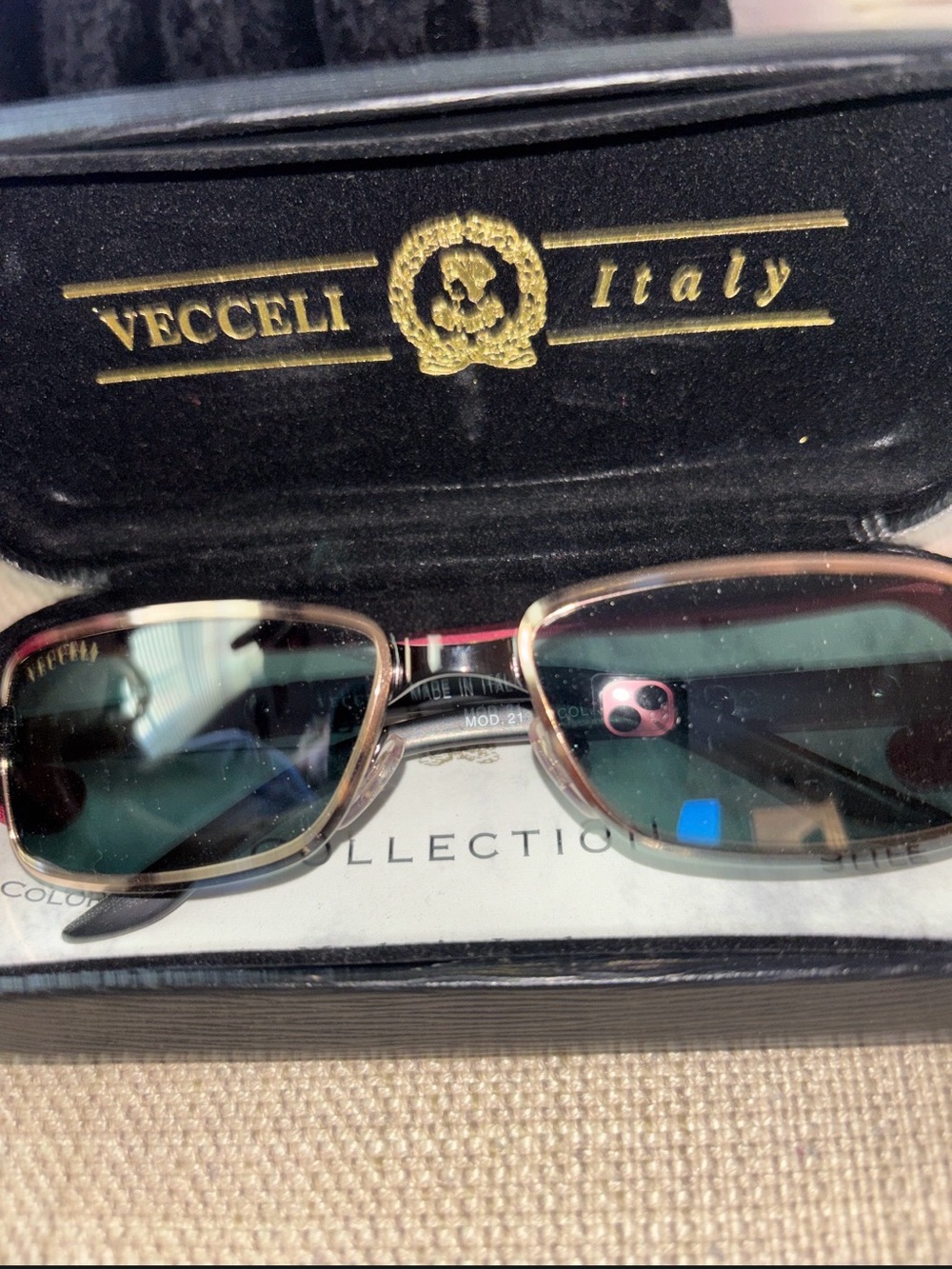 Vecceli Italy Gold Frame Sunglasses with Green Lenses